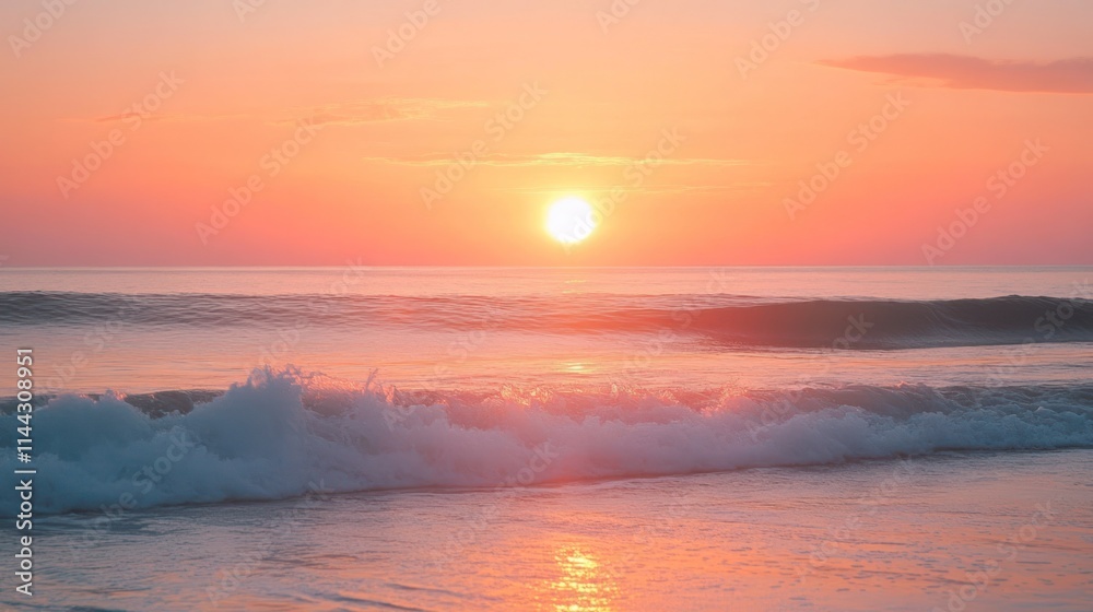 Fototapeta premium A serene sunset over calm ocean waves, creating a tranquil atmosphere.