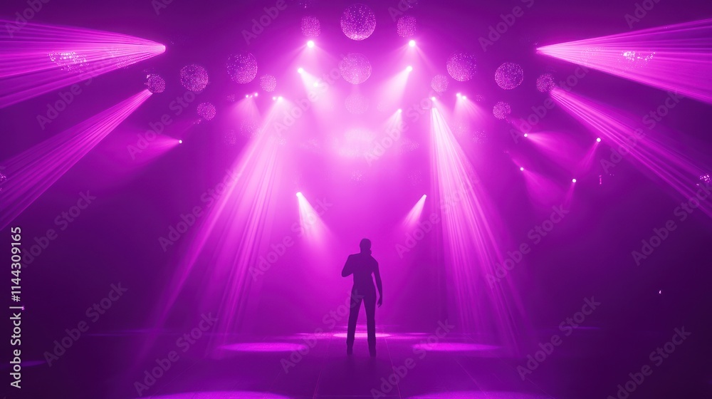 A silhouetted figure stands under vibrant purple lights in a performance space. A silhouetted figure stands under vibrant purple lights in a performance space.