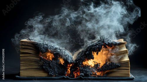 Burning book, flames engulfing pages, smoke rising. photo