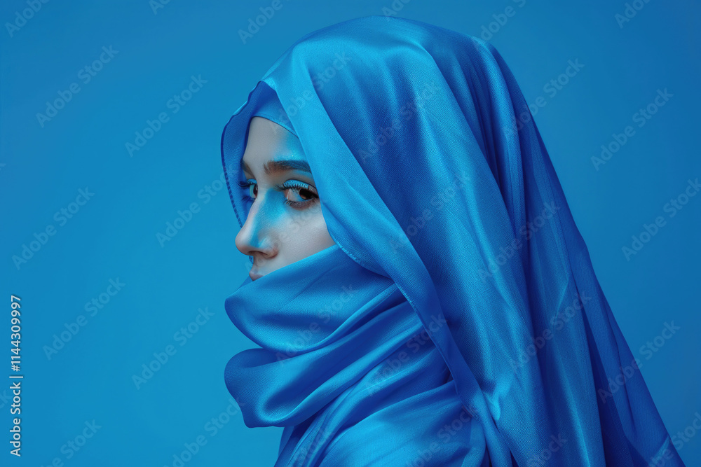 A striking portrait of a Muslim woman wearing a blue hijab on a solid blue background, conveying elegance and cultural beauty A striking portrait of a Muslim woman wearing a blue hijab on a solid blue background, conveying elegance and cultural beauty