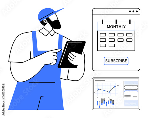 Technician wearing cap and overalls holding tablet, pointing at it. Monthly subscription calendar with subscribe button. Analytics screen showing charts and data. Ideal for scheduling, subscriptions