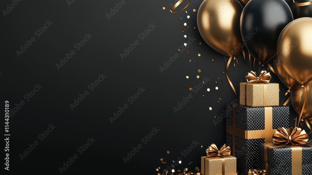 Elegant birthday celebration setup with gold and black balloons and gift boxes Elegant birthday celebration setup with gold and black balloons and gift boxes