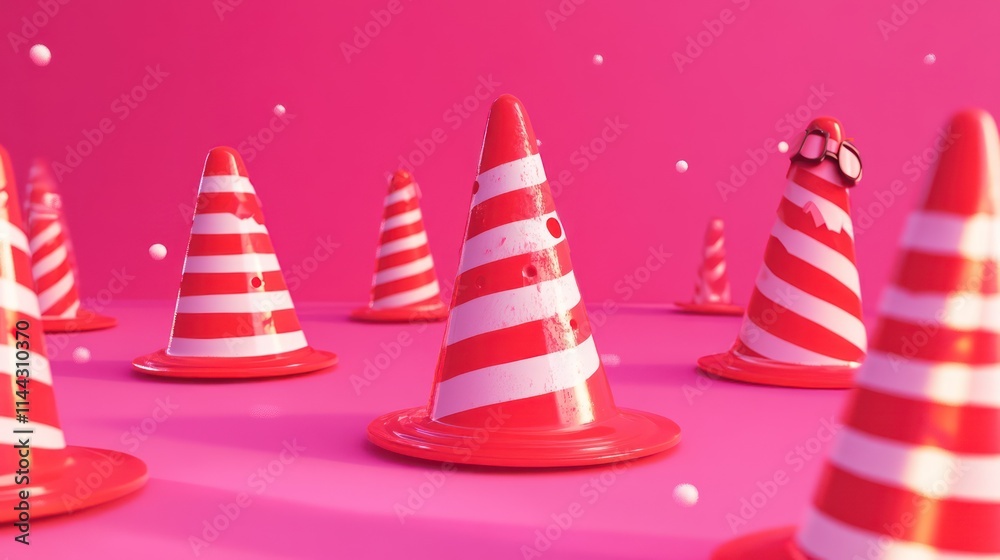 A whimsical scene featuring striped cones on a vibrant pink background. A whimsical scene featuring striped cones on a vibrant pink background.