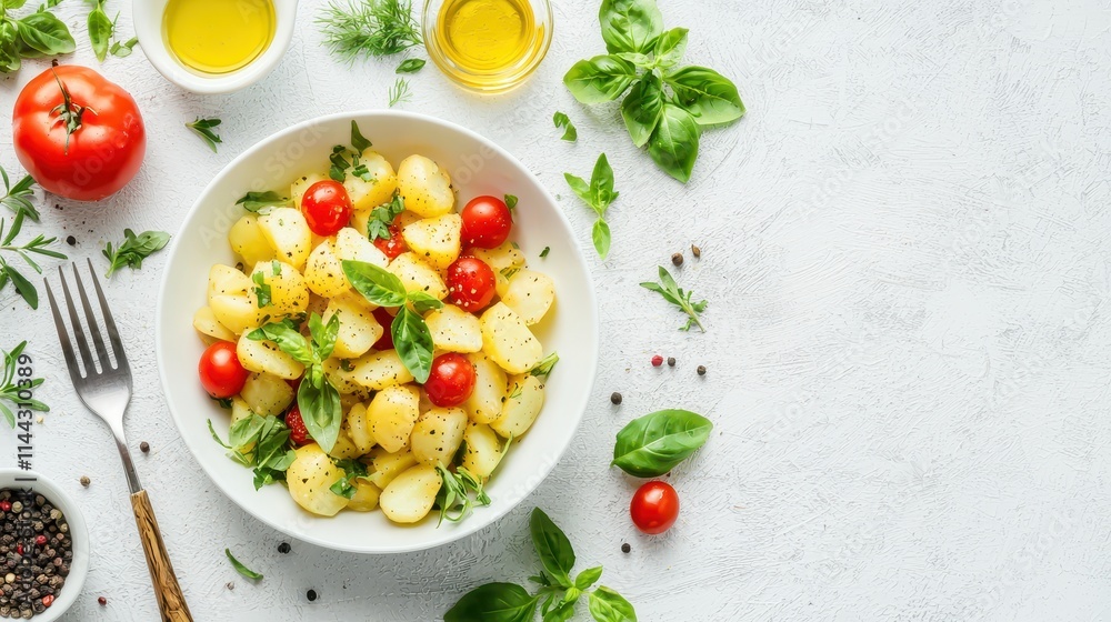 Fresh Heirloom Tomato Salad with Basil, Gnocchi, and Garden Herbs on White Background Fresh Heirloom Tomato Salad with Basil, Gnocchi, and Garden Herbs on White Background