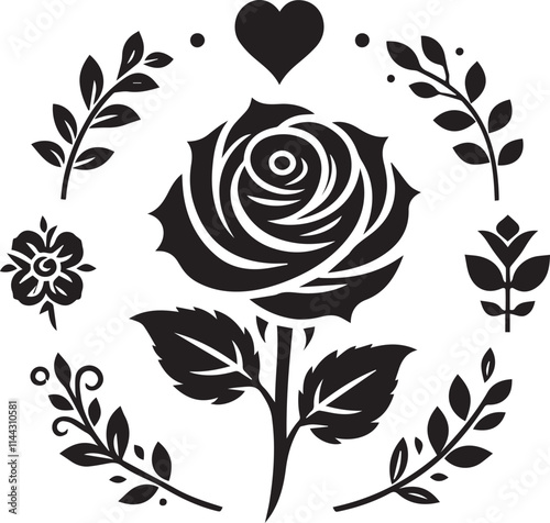black and white flower, Flower logo vector, rose vector illustration, rose flower silhouette vector icon black and white