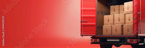 Delivery truck with stacked cardboard boxes ready for transport in a bright red environment