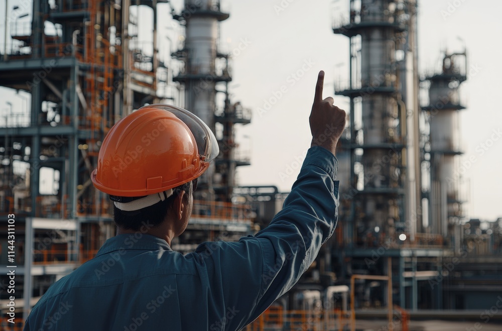 male engineer wearing an orange safety helmet and blue work is holding his hand up to point at the gas plant in front of him, with an oil and natural gas, petrochemical industrial park. male engineer wearing an orange safety helmet and blue work is holding his hand up to point at the gas plant in front of him, with an oil and natural gas, petrochemical industrial park.