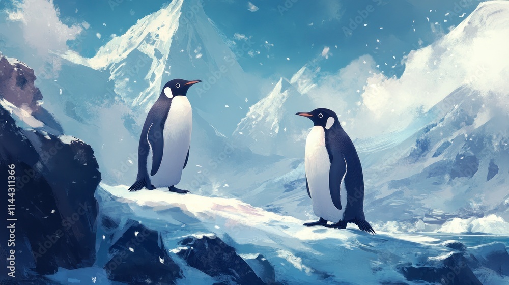 Fototapeta premium Two penguins standing on snowy mountain.