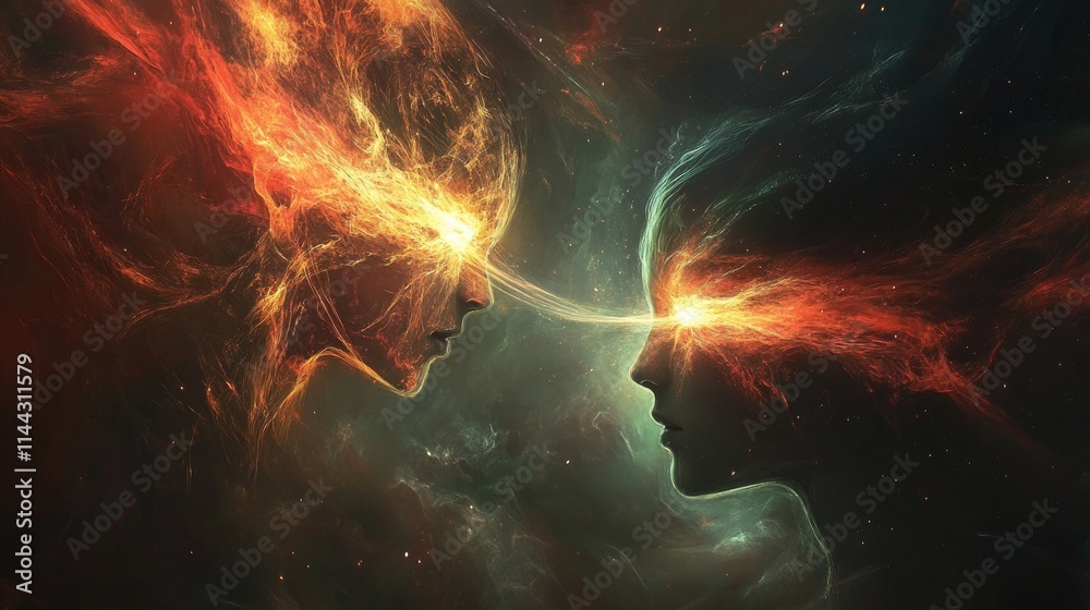 Fototapeta premium Two fiery ethereal beings face each other, energy connecting their eyes.