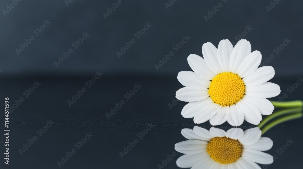 Obraz premium Delicate white daisy with a yellow center lies on a shiny surface reflecting its beauty, creating a tranquil and calm atmosphere