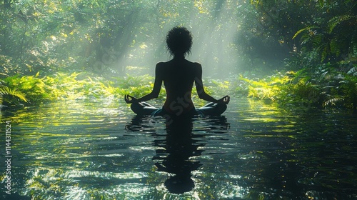 A tranquil scene featuring an individual of African descent meditating in a lush green forest by a reflective water surface, surrounded by nature.