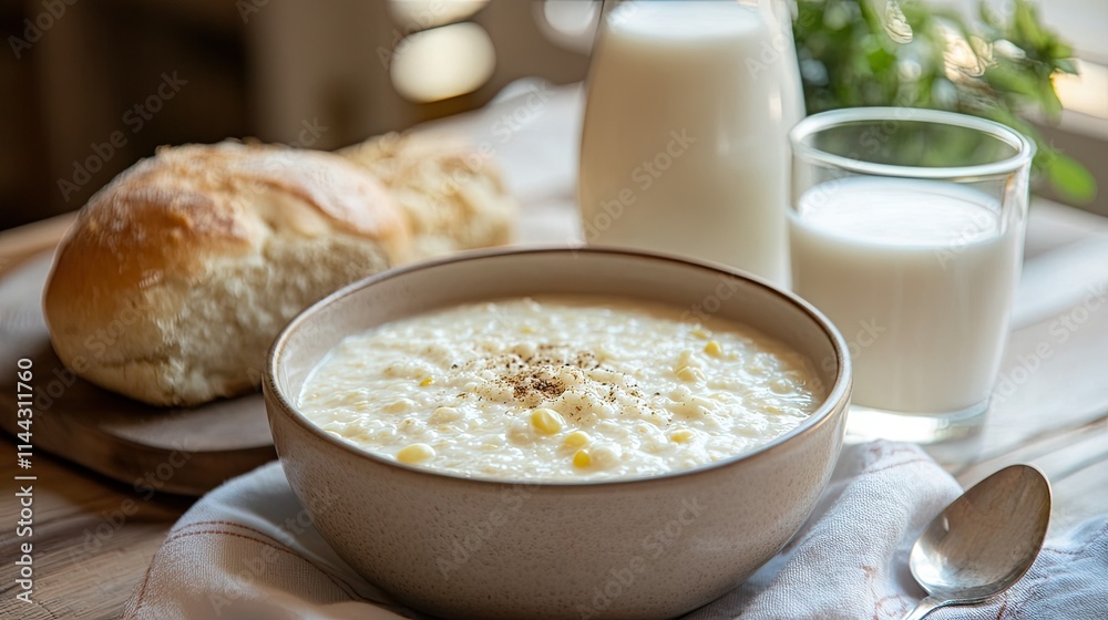 A creamy milk corn porridge in a neutral-toned bowl, paired with a glass of milk and a fresh-baked roll A creamy milk corn porridge in a neutral-toned bowl, paired with a glass of milk and a fresh-baked roll