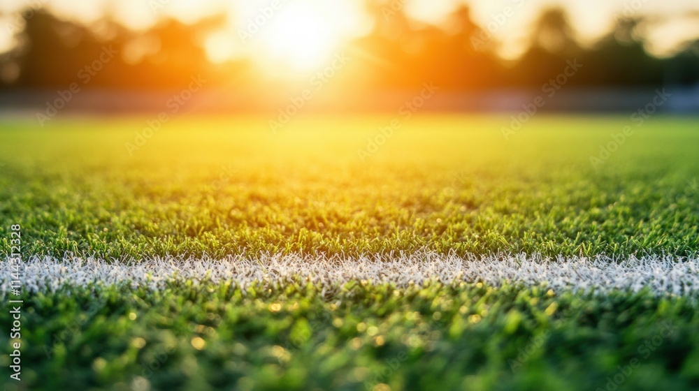 Sunset light casts a warm glow on a soccer field corner line, highlighting the lush green grass and creating a serene atmosphere