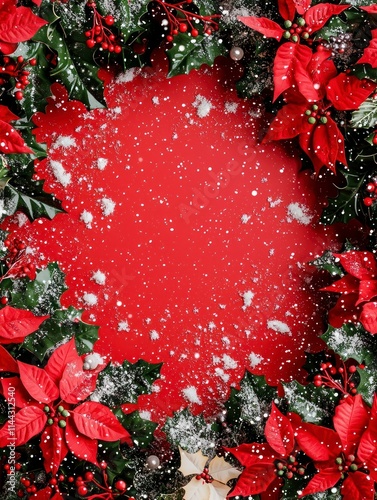Festive Christmas Wreath on Red Background with Snowflakes, Ideal for Holiday Cards, Decorations, and Seasonal Celebrations Capturing the Spirit of the Season