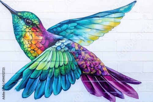Vibrant hummingbird mural painted on a white brick wall, showcasing colorful wings and intricate details.