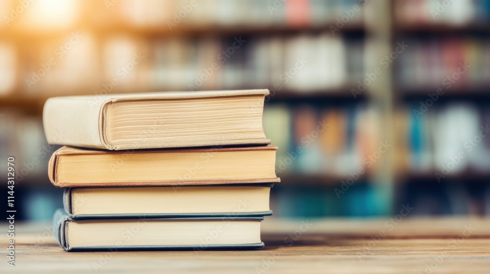 Sunlight streams through a library window, highlighting a stack of books resting on a rustic wooden table, inviting quiet contemplation Sunlight streams through a library window, highlighting a stack of books resting on a rustic wooden table, inviting quiet contemplation