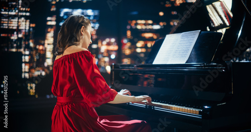 Photography Female Pianist Playing Music From a Score Sheet, Performing Classical Compositions on Stage