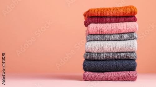 A stack of neatly folded sweaters in shades of pink, gray, and orange is presented against a soft pastel background, creating a warm atmosphere