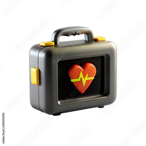 A 3D rendering of a black medical kit featuring a heart with a pulse icon, symbolizing health and emergency care. photo