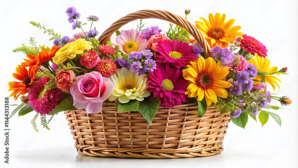 Colorful Flower Basket PNG: Woven Wicker Basket with Vibrant Blooms Colorful Flower Basket PNG: Woven Wicker Basket with Vibrant Blooms