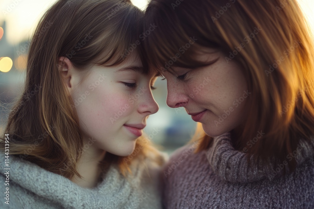 A tender moment between mother and daughter, foreheads touching, eyes closed, expressing love and intimacy. A tender moment between mother and daughter, foreheads touching, eyes closed, expressing love and intimacy.