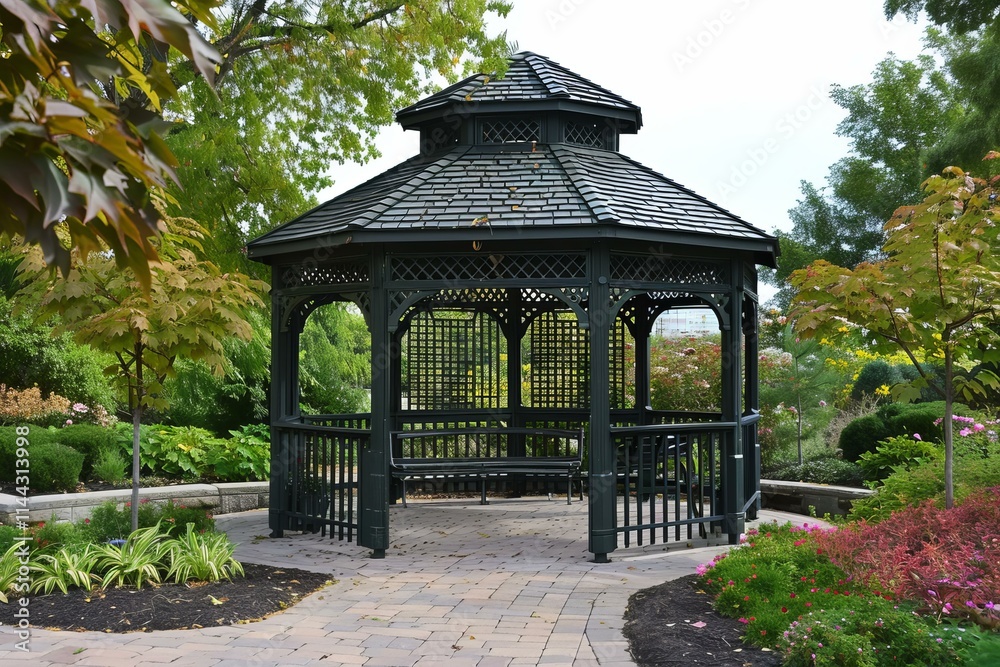 Peaceful outdoor scene featuring a black wooden gazebo surrounded by lush greenery and vibrant flowers Peaceful outdoor scene featuring a black wooden gazebo surrounded by lush greenery and vibrant flowers