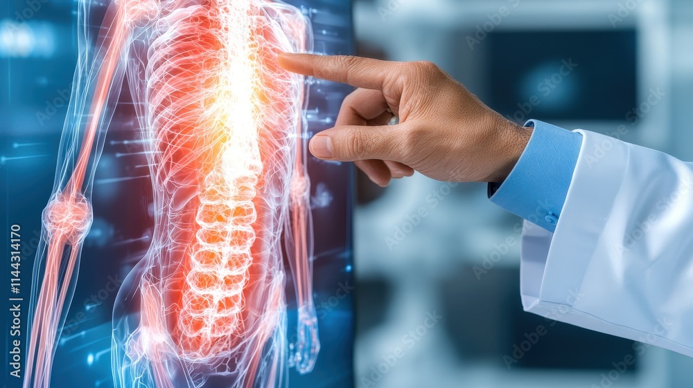 © weerasak - A medical professional pointing at a digital skeleton, highlighting the spine and vertebrae, illustrating anatomy in healthcare. © weerasak - A medical professional pointing at a digital skeleton, highlighting the spine and vertebrae, illustrating anatomy in healthcare.