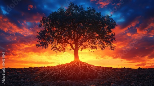 An artistic silhouette of a tree with roots extending below ground, representing growth and connection, against a vibrant sunset sky.