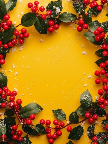 Festive Christmas Wreath Frame with Red Berries and Green Leaves on a Bright Yellow Background for Joyful Holiday Decor