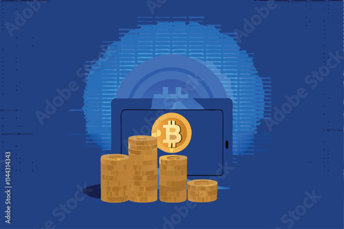 Design a secure, futuristic Bitcoin vault vector graphic; emphasize digital currency security features. Include glowing elements.