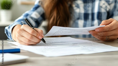 Parent holding IRS refund paperwork and discussing eligibility for financial aid with a student Stock Photo with side copy space