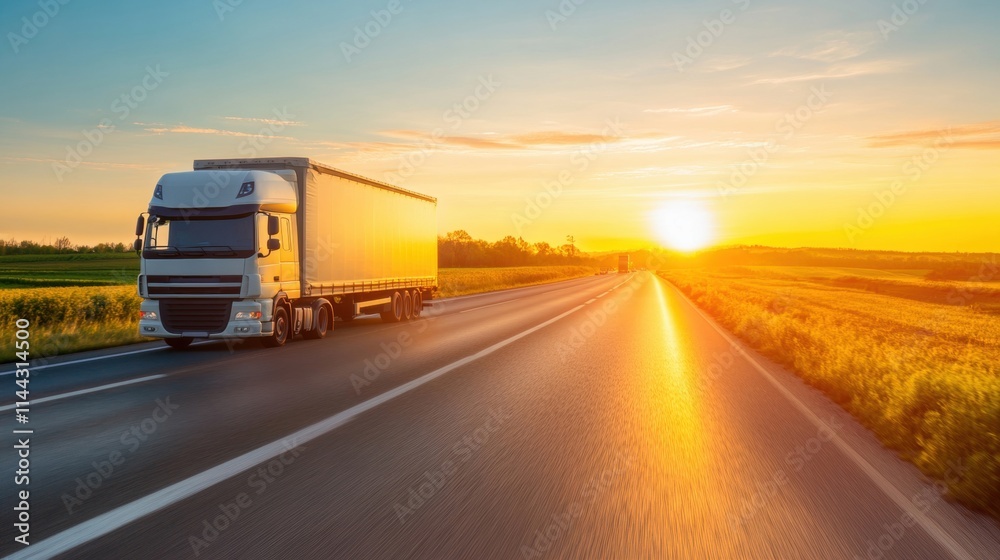 A truck travels along a highway at sunset, illuminating the road and surrounding fields with warm golden hues A truck travels along a highway at sunset, illuminating the road and surrounding fields with warm golden hues