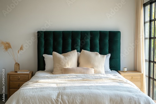Wallpaper Mural A serene bedroom with a luxurious emerald green velvet headboard, soft beige linens, and natural light streaming through a window. Torontodigital.ca