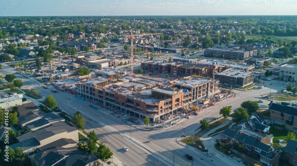 Obraz premium An aerial view of a bustling commercial district, with construction cranes and new buildings rising, symbolizing urban development and economic expansion.