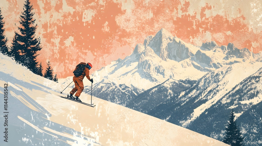 Snowy mountain scene with skier on vintage postcard style banner