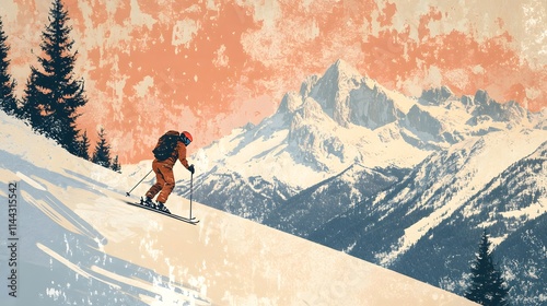 Obraz na płótnie Snowy mountain scene with skier on vintage postcard style banner w salonie