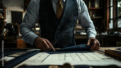 A dynamic shot of a tailor cutting fabric for a bespoke suit with sewing patterns laid out on the table