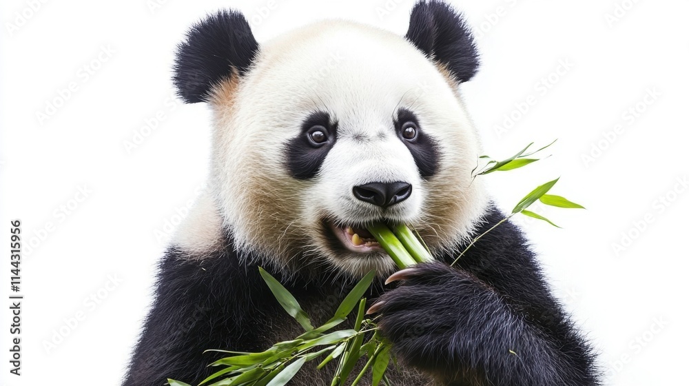 Fototapeta premium Giant Panda Munching on Bamboo Against White Background