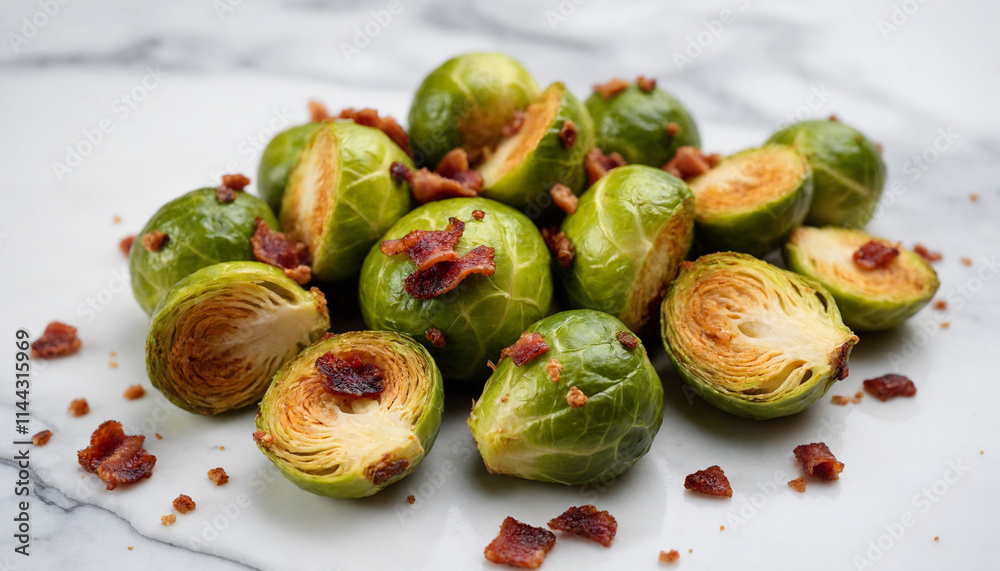Roasted Brussels Sprouts with Bacon in Realistic Style with Vibrant Greens and Rich Golden Tones for Delicious Meal Preparation