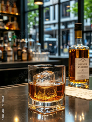 old fashioned cocktail in a double old fashioned glass with one large ice cube, cocktail is sitting on a bar in front of a blurred out background with bottles of whiskety