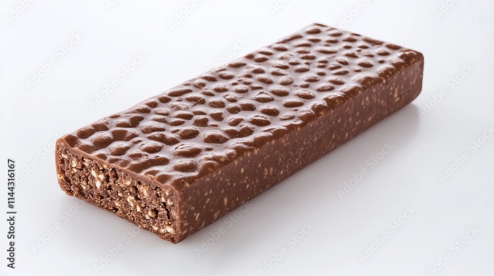 Protein Bar: A protein bar with a crunchy, textured surface, cut in half to show its interior, isolated on a clean white background Protein Bar: A protein bar with a crunchy, textured surface, cut in half to show its interior, isolated on a clean white background