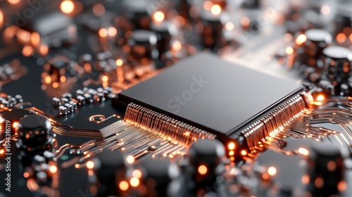 A close-up view of a microchip on a circuit board, showcasing intricate electronic pathways illuminated with a warm glow, representing technology and connectivity.