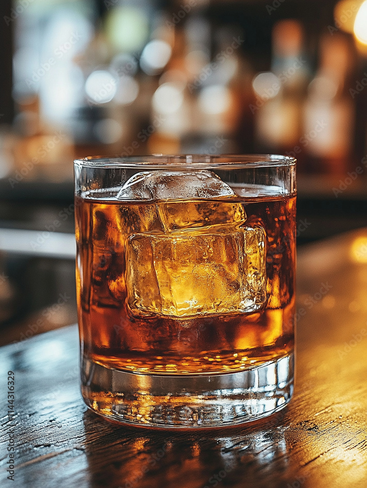 old fashioned cocktail in a double old fashioned glass with one large ice cube, cocktail is sitting on a bar in front of a blurred out background with bottles of whiskety old fashioned cocktail in a double old fashioned glass with one large ice cube, cocktail is sitting on a bar in front of a blurred out background with bottles of whiskety