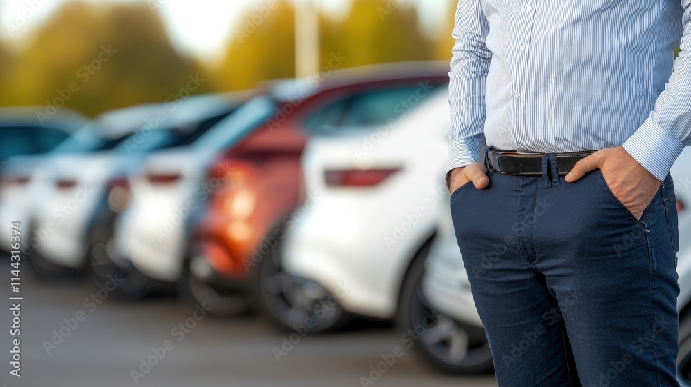 A man in a shirt stands near a row of parked cars, showcasing a modern automotive setting with a focus on vehicles. A man in a shirt stands near a row of parked cars, showcasing a modern automotive setting with a focus on vehicles.