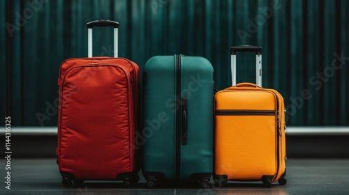 Three colorful suitcases in red, green, and yellow are neatly lined up against a dark background, suggesting preparedness for the next travel adventure. photo