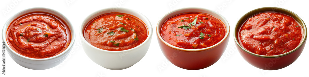 A series of bowls filled with rich, red tomato sauce topped with herbs. A series of bowls filled with rich, red tomato sauce topped with herbs.