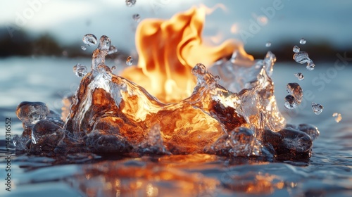 This captivating image portrays the energetic clash of swirling flames and cascading water droplets, symbolizing the balance between opposing natural elements. photo