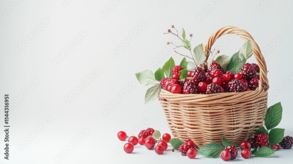Rustic Basket of Fresh Berries on White Background Rustic Basket of Fresh Berries on White Background