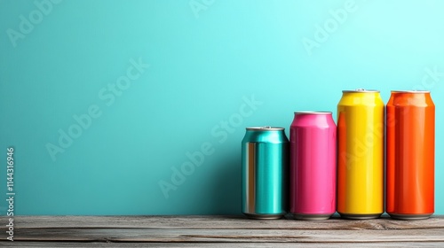 Four colorful beverage cans arranged on a wooden surface against a bright blue background, creating a vibrant and eye-catching composition of diverse colors. photo