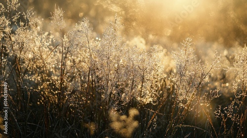 Dew-covered grass glowing in the early morning sunlight